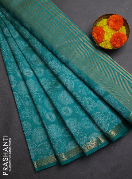 Semi raw silk saree teal green with allover geometric prints and small zari woven border