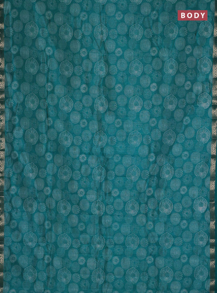 Semi raw silk saree teal green with allover geometric prints and small zari woven border