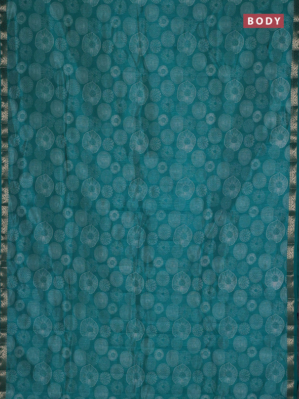 Semi raw silk saree teal green with allover geometric prints and small zari woven border