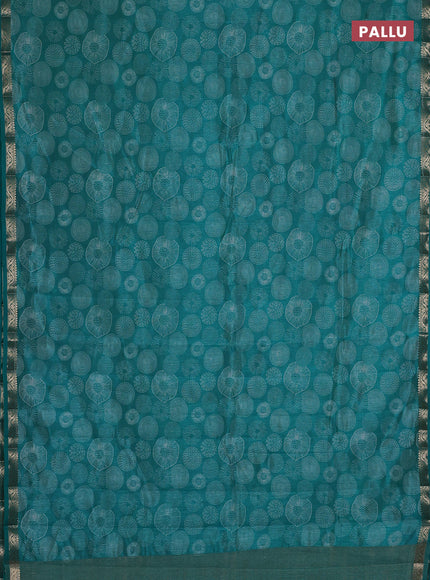 Semi raw silk saree teal green with allover geometric prints and small zari woven border