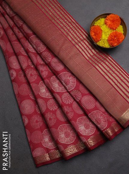 Semi raw silk saree maroon with allover geometric prints and small zari woven border