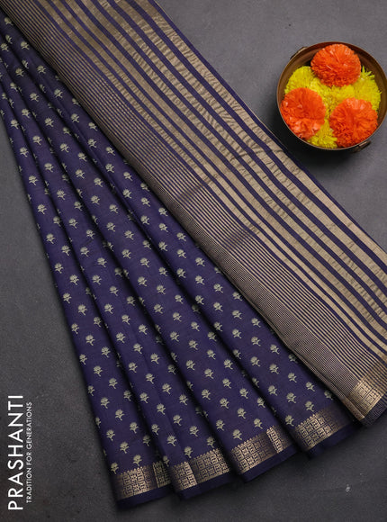 Semi raw silk saree navy blue with allover butta prints and zari woven border