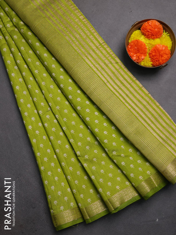 Semi raw silk saree light green with allover butta prints and zari woven border