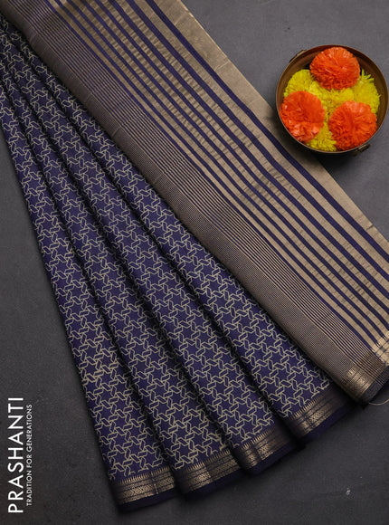 Semi raw silk saree navy blue with allover geometric prints and zari woven border