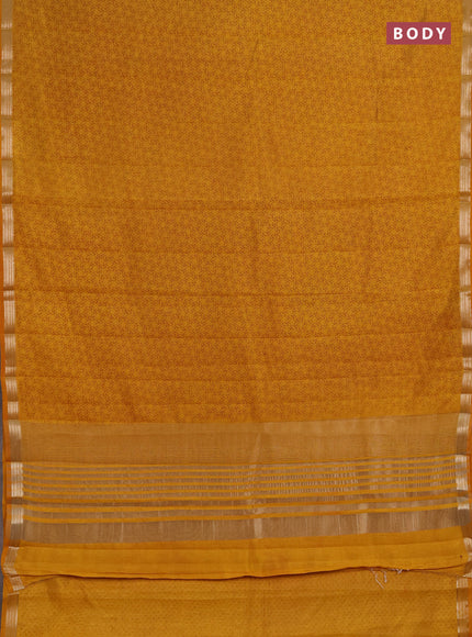 Semi raw silk saree dark mustard with allover geometric prints and zari woven border