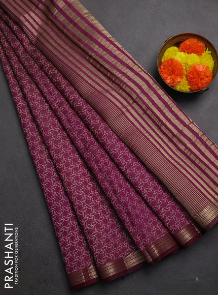 Semi raw silk saree wine shade with allover geometric prints and zari woven border