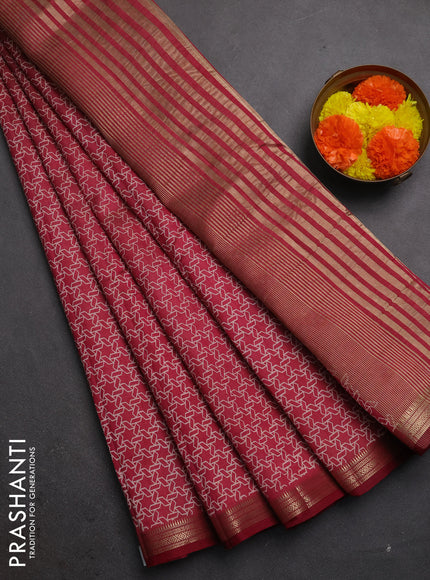 Semi raw silk saree maroon with allover geometric prints and zari woven border