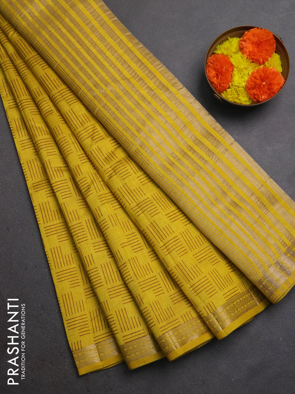 Semi raw silk saree mustard yellow with allover geometric prints and zari woven border