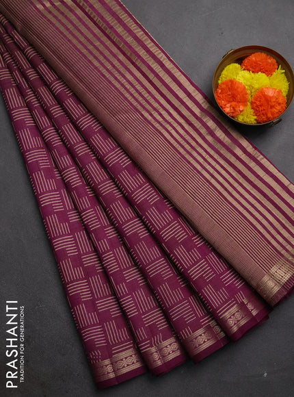 Semi raw silk saree wine shade with allover geometric prints and zari woven border