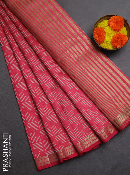 Semi raw silk saree pink shade with allover geometric prints and zari woven border