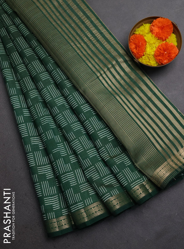 Semi raw silk saree bottle green with allover geometric prints and zari woven border