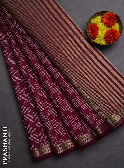 Semi raw silk saree maroon with allover geometric prints and zari woven border