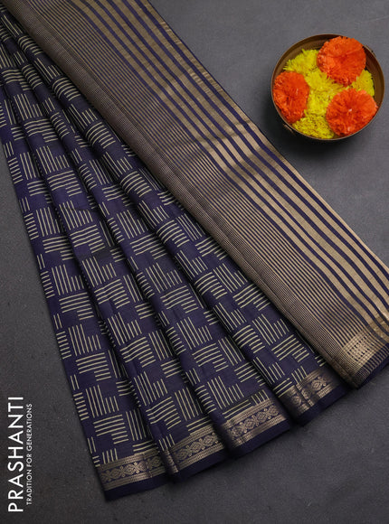 Semi raw silk saree navy blue with allover geometric prints and zari woven border
