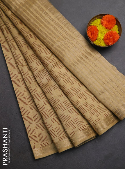 Semi raw silk saree sandal with allover geometric prints and zari woven border