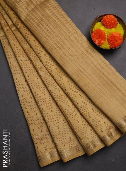 Semi raw silk saree sandal with allover prints and zari woven border