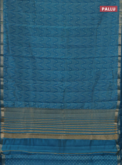 Semi raw silk saree teal blue with allover prints and zari woven border