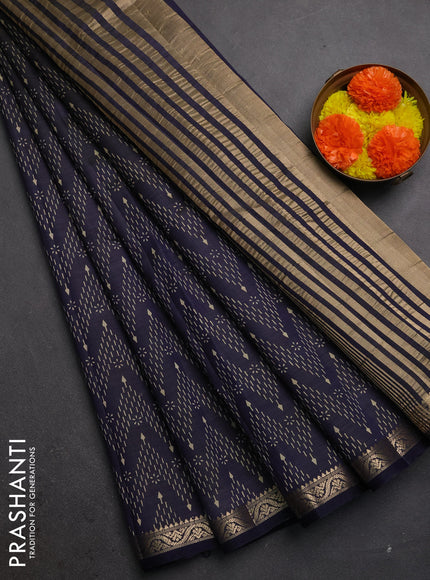 Semi raw silk saree navy blue with allover prints and zari woven border