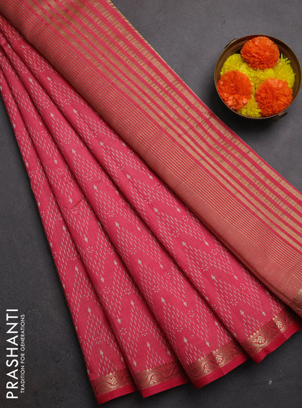 Semi raw silk saree pink shade with allover prints and zari woven border