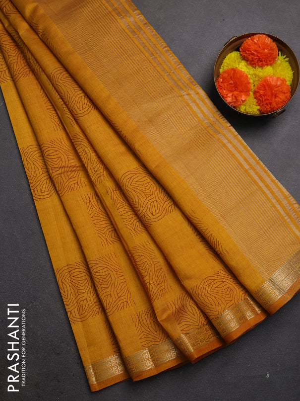 Semi raw silk saree dark mustard with allover box style butta prints and small zari woven border