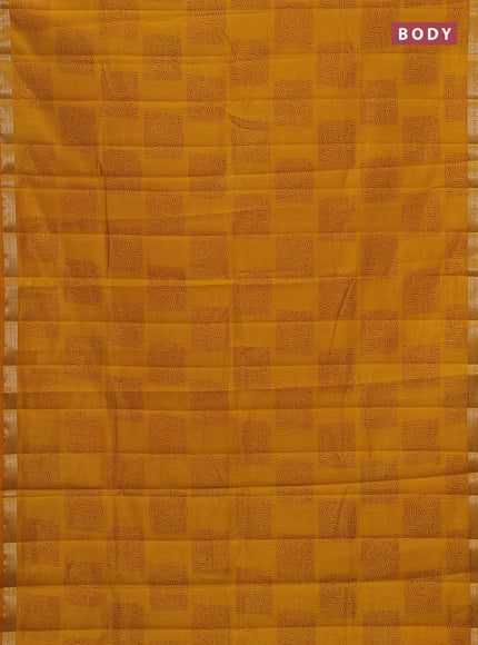 Semi raw silk saree dark mustard with allover box style butta prints and small zari woven border