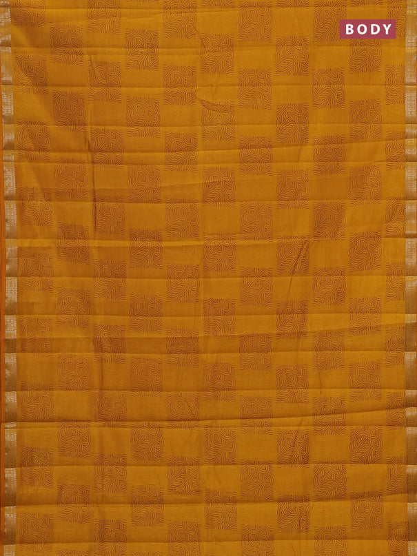 Semi raw silk saree dark mustard with allover box style butta prints and small zari woven border