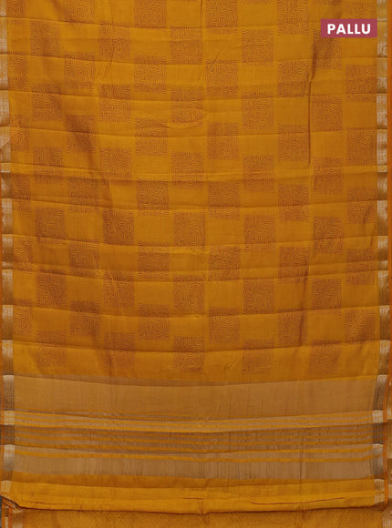 Semi raw silk saree dark mustard with allover box style butta prints and small zari woven border
