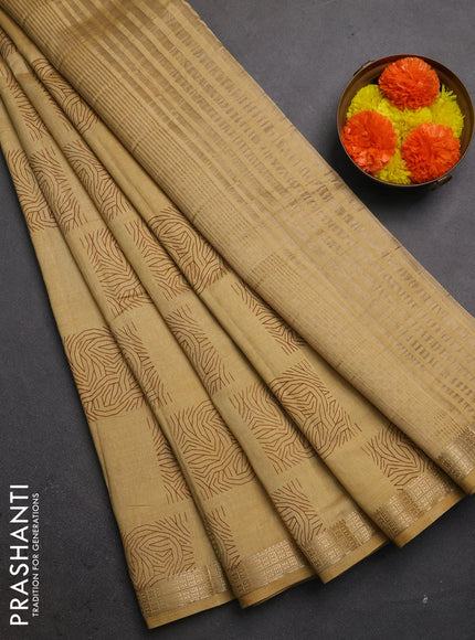 Semi raw silk saree sandal with allover box style butta prints and small zari woven border