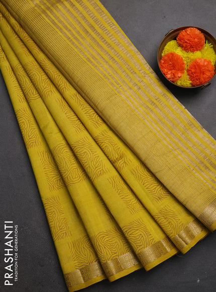 Semi raw silk saree mustard yellow shade with allover box style butta prints and small zari woven border