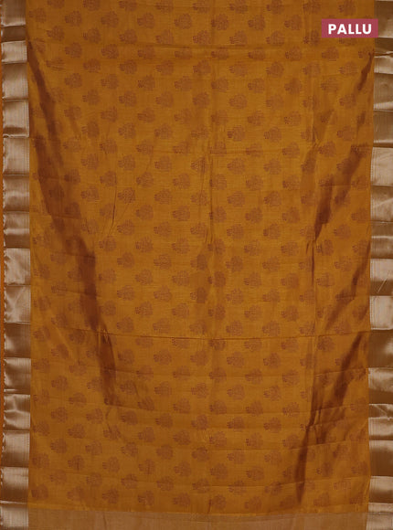 Semi raw silk saree dark mustard with allover floral butta prints and zari woven border