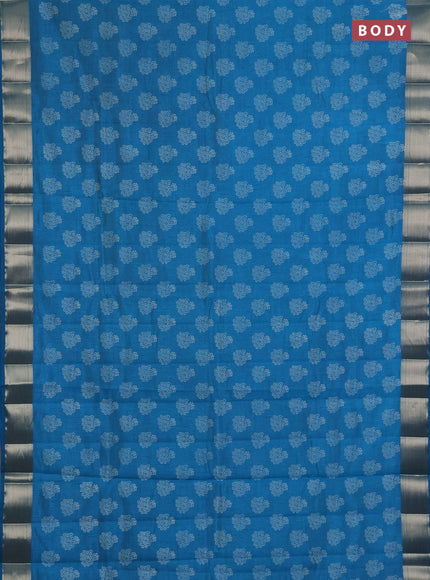 Semi raw silk saree peacock blue with allover floral butta prints and zari woven border