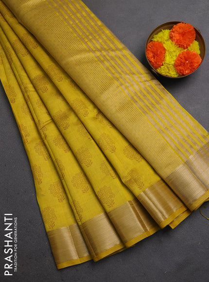 Semi raw silk saree mustard yellow with allover floral butta prints and zari woven border