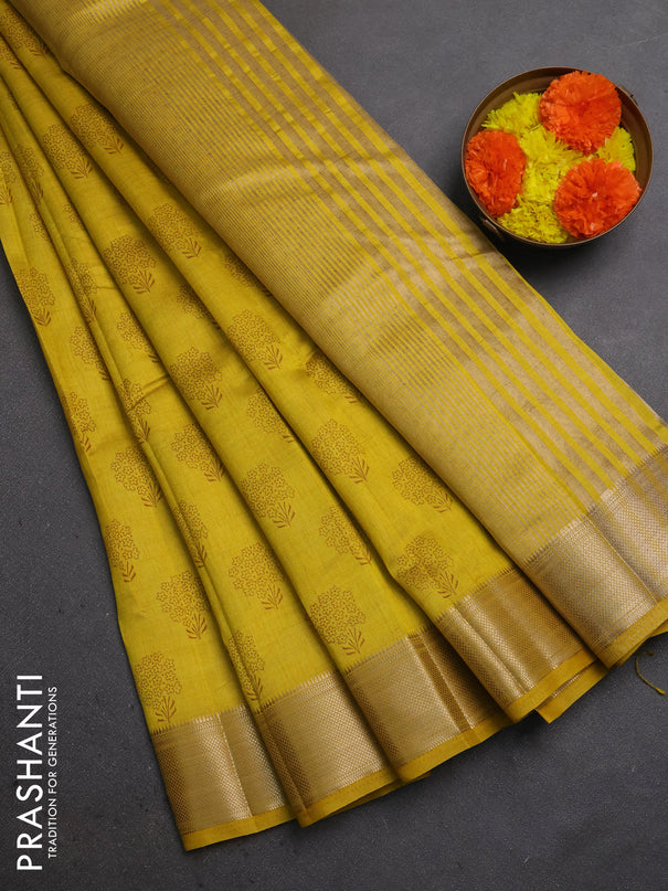 Semi raw silk saree mustard yellow with allover floral butta prints and zari woven border