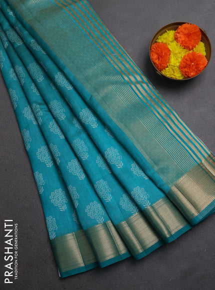 Semi raw silk saree teal green with allover floral butta prints and zari woven border