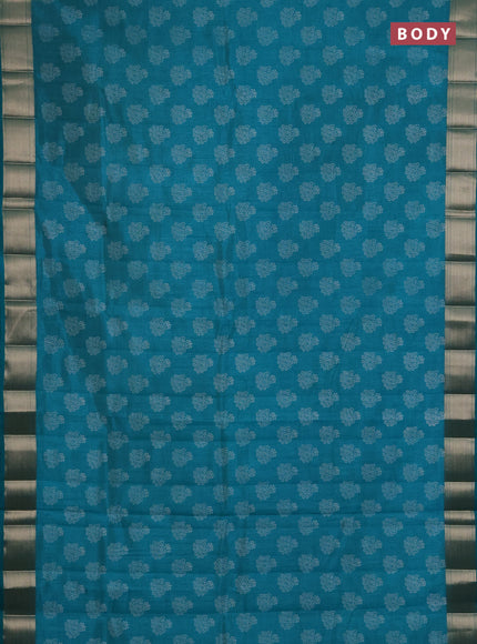 Semi raw silk saree teal green with allover floral butta prints and zari woven border