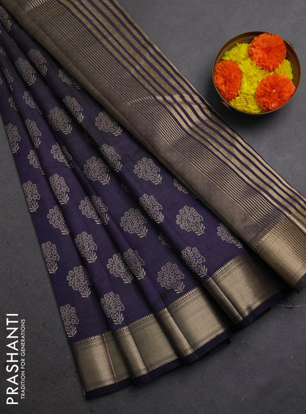 Semi raw silk saree navy blue with allover floral butta prints and zari woven border