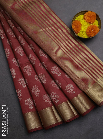 Semi raw silk saree maroon with allover floral butta prints and zari woven border