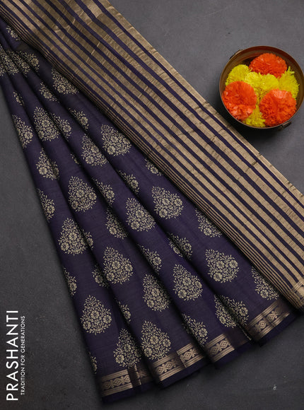 Semi raw silk saree navy blue with allover floral butta prints and small zari woven border