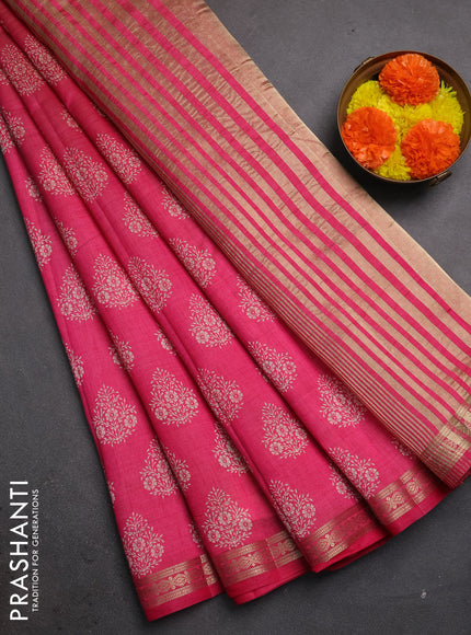 Semi raw silk saree pink with allover floral butta prints and small zari woven border
