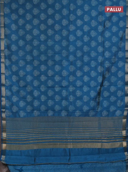 Semi raw silk saree teal blue with allover floral butta prints and small zari woven border