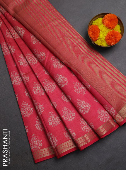 Semi raw silk saree pink shade with allover floral butta prints and small zari woven border