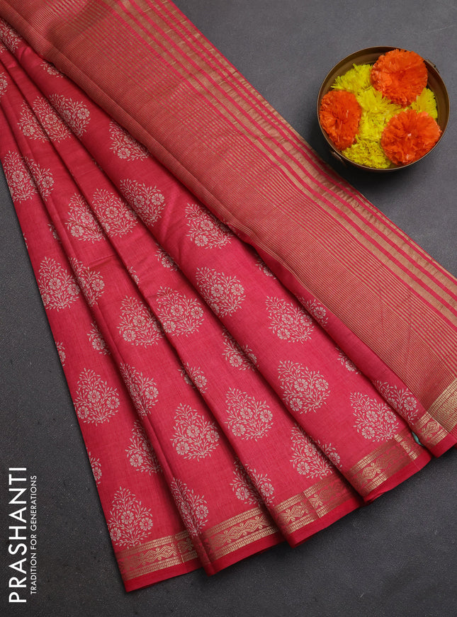 Semi raw silk saree pink shade with allover floral butta prints and small zari woven border