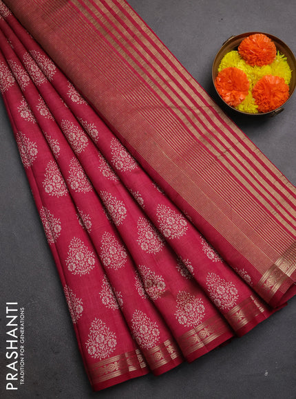 Semi raw silk saree maroon with allover floral butta prints and small zari woven border