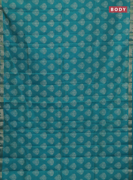 Semi raw silk saree teal green with allover floral butta prints and small zari woven border