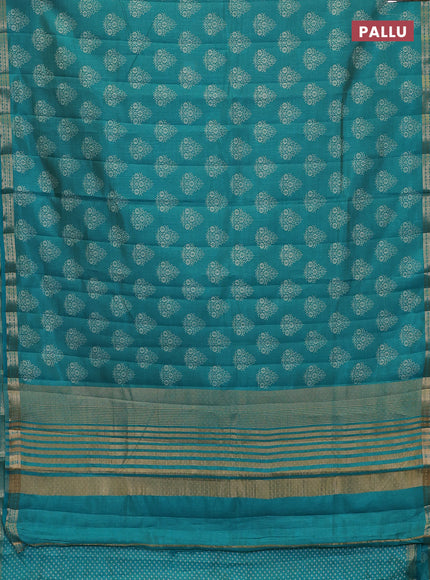 Semi raw silk saree teal green with allover floral butta prints and small zari woven border
