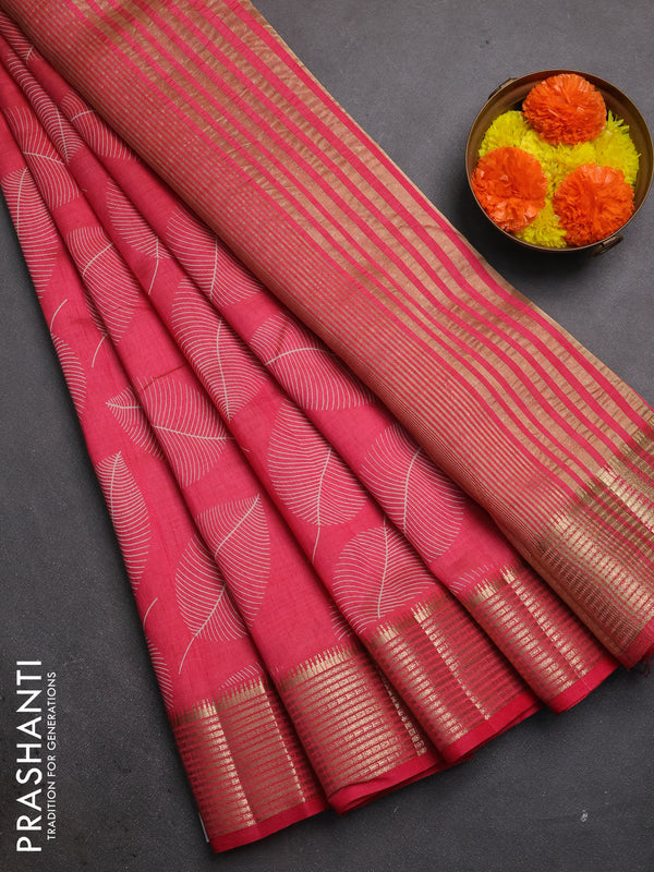 Semi raw silk saree pink shade with allover prints and zari woven border