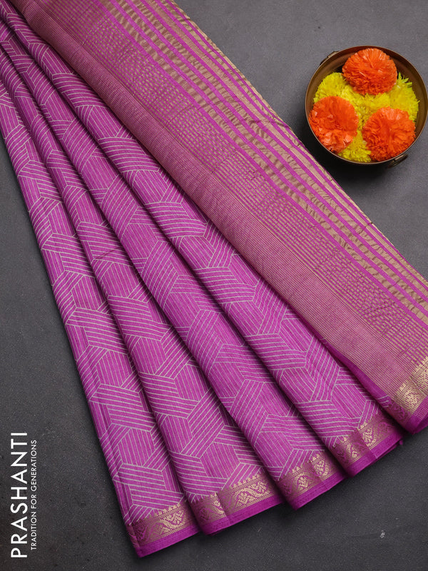 Semi raw silk saree lavender with allover geometric prints and zari woven border