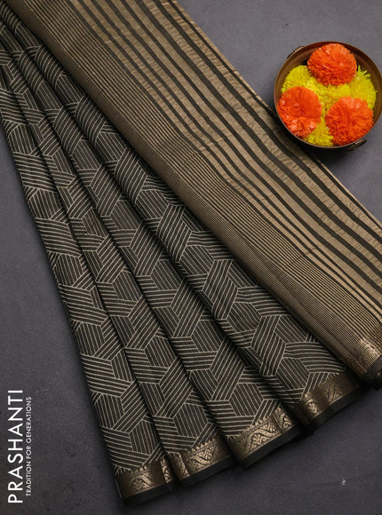 Semi raw silk saree olive green with allover geometric prints and zari woven border