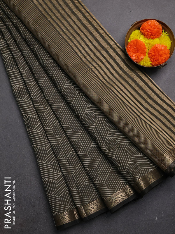 Semi raw silk saree olive green with allover geometric prints and zari woven border