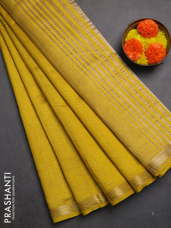 Semi raw silk saree mustard yellow with allover geometric prints and zari woven border