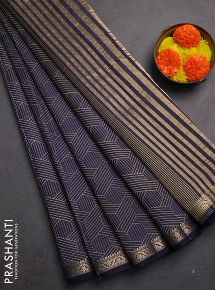 Semi raw silk saree navy blue with allover geometric prints and zari woven border